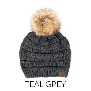 C.C Grey Knit Beanie with Pom-Pom; Charcoal Beanie; Winter Hat
